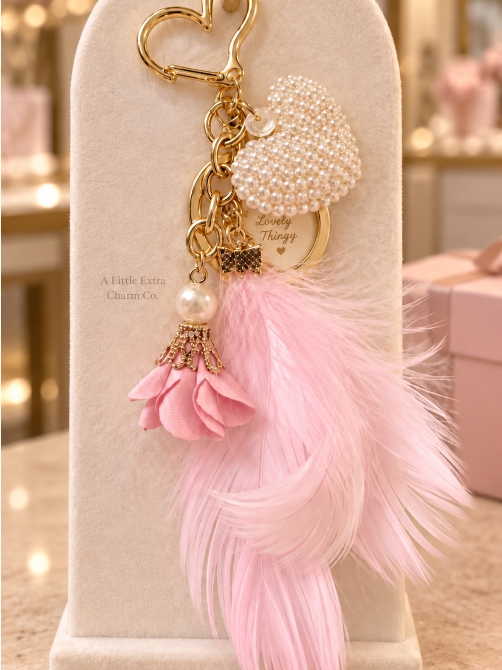 BN Lovely Thing Pink Feather & Pearl Heart Keycharms Women Accessories